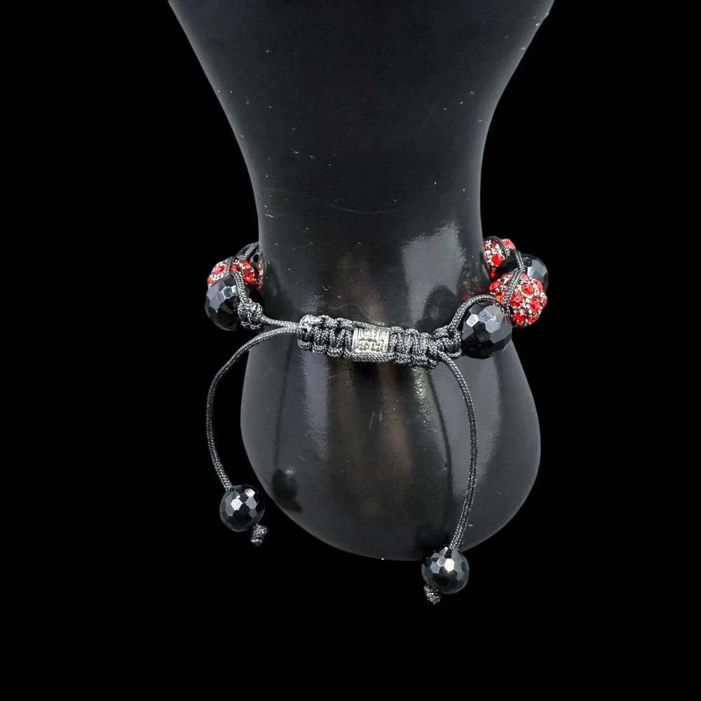 Black and Red Pavé Crystal Disco Ball Bead Adjustable Macrame Bracelet Goth Edgy